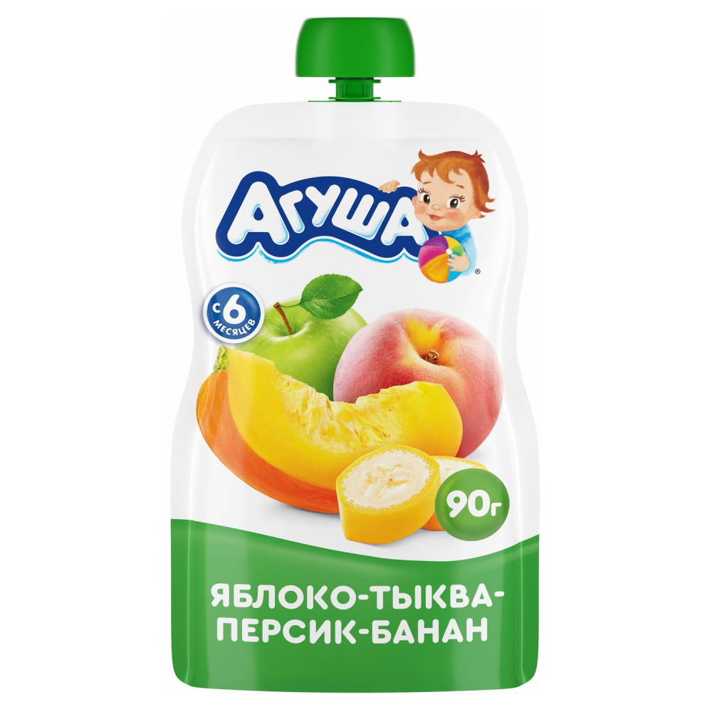 Пюре фруктово-овощное Агуша яблоко-персик-банан-тыква 90 г/10