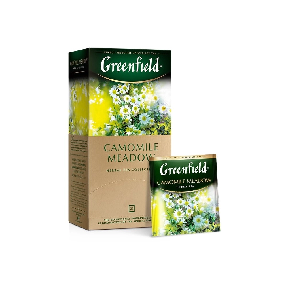 Чай гринфилд ромашка. Чай Гринфилд Camomile. Чай Гринфилд травяной. Чай Гринфилд с ромашкой. Гринфилд 25 пакет Камомайл Медоу.