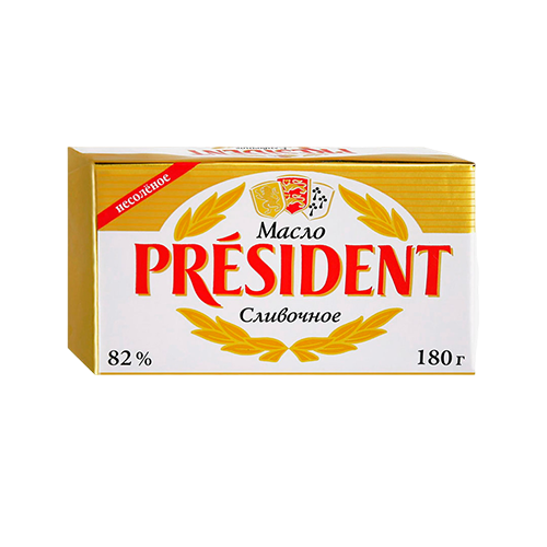 Масло кислосливочное несоленое President высший сорт 82% 180 г