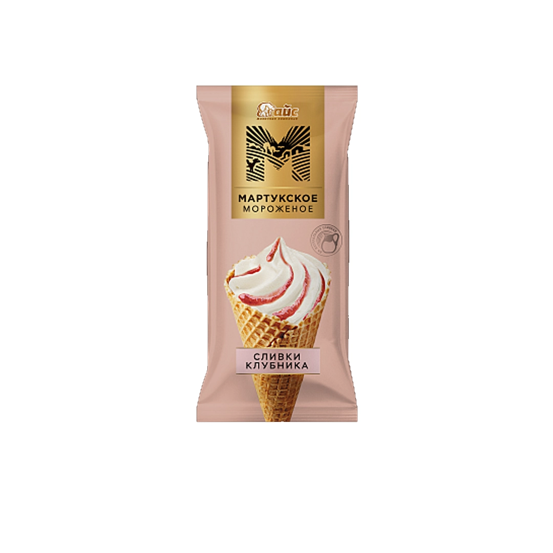 Мороженое Мартукское со вкусом ванили -клубники в вафельном рожке 8% 80гр