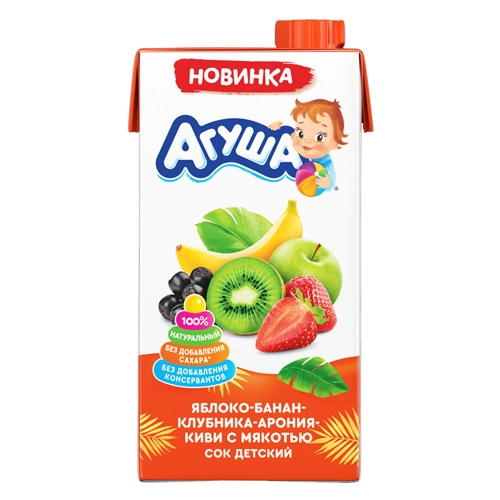 Сок с мякотью «Агуша» Яблоко-Банан-Клубника-Арония-Киви 0,5 л